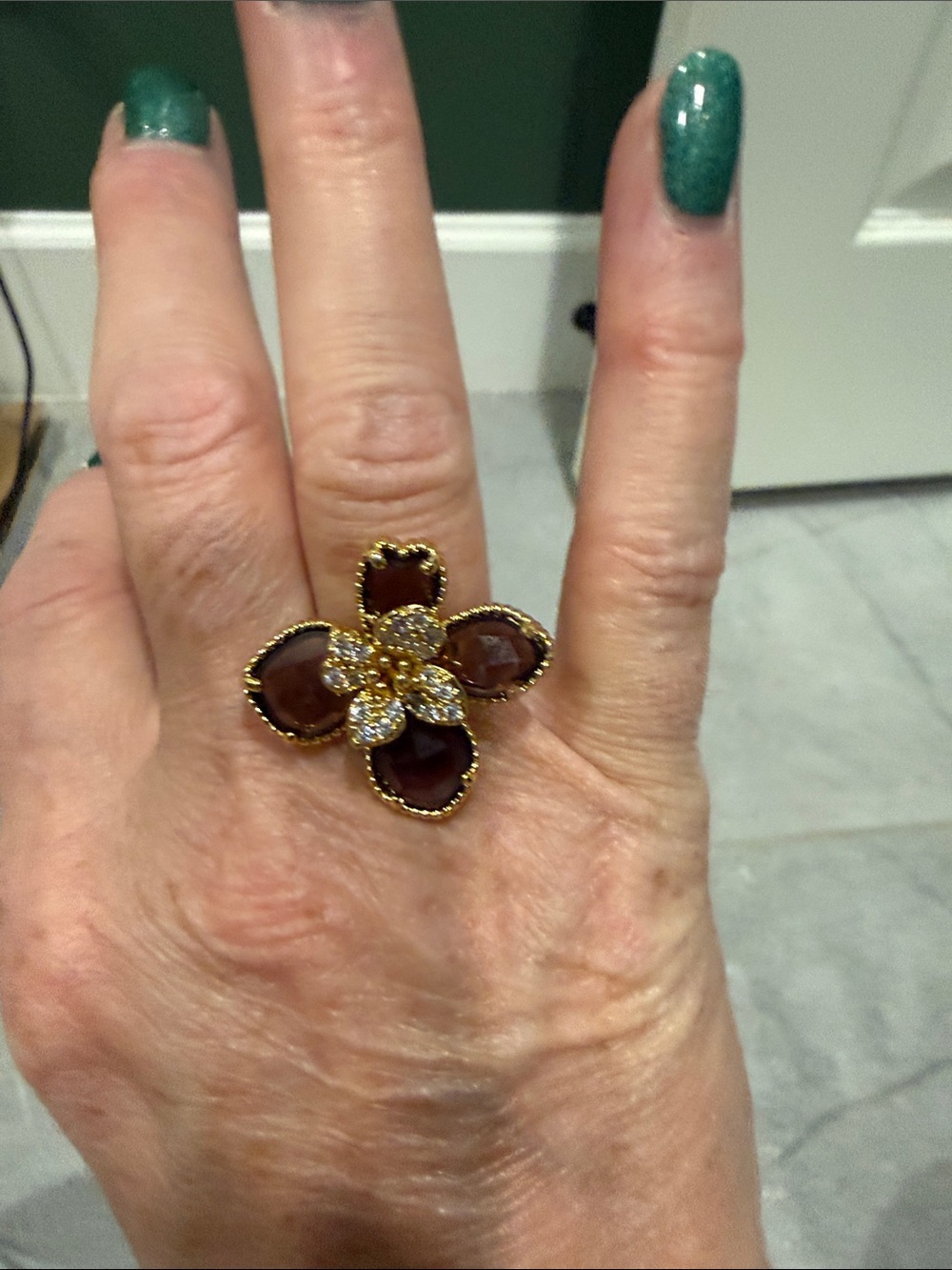 Gold Flower Cocktail Ring with Deep Purple Petals